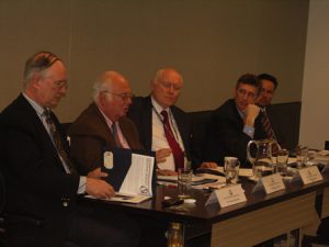 (R to L) George Molina, Ted Piccone, E. Richard Downes, Abe Lowenthal, Lawrence Whitehead