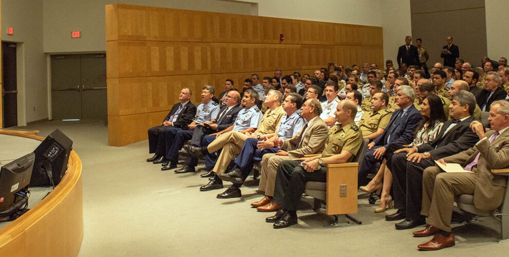 COL (ret.) Patrick Mathes, Perry Center Liaison to USSOUTHCOM delivers administrative remarks to the assembled students